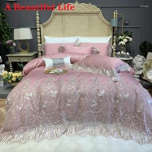 Bedding Sets Luxury Pink Princess 1000tc Egito egípcio Bordado de bordado de bordado de tampa de linho de cama de lençol de lençóis equipados com travesseiros
