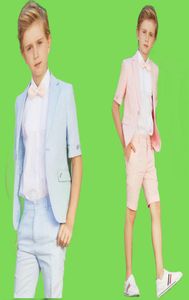 Yaz İki Parçalı Boy Giyim Düğün Partisi Smokin Kısa Kollu Gökyüzü Mavi Yürümeye Başlayan Çocuklar Boy039s Takım Ucuz Özel Yapım Brith5742618