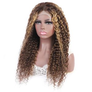 Wigs 4X4 Lace Closure Wig P4/27 Brazilian Peruvian 100% Human Hair Kinky Curly 150% Density P4 27 Piano Color 1034inch Lace Wigs