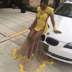 Sexy Sheer Yellow Prom Dresses Lace Applique Long Sleeves Backless 2023 Black Girls Formal Evening Gowns Vestido De Noche 0530