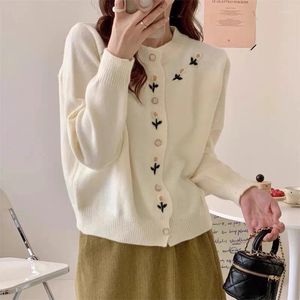 Women's Knits 2024 Gentle Flower Embroidered Knitted Cardigan Spring Retro Crew Neck Short Sweater