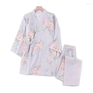 Hemkläder bomullskvinnor sömnkläder damer halv ärm kimono mantel sätter långa byxor pyjamas kostym hemkläder pijama seda