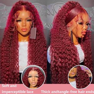 Red 99j Borgonha colorida brasileira Curly Frente Frente Humano Human Wigs Deep Wave Lace Frontal Wig13x4 HD Lace Front Wigs for Women XHLVL