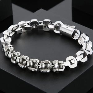 Chain Mens 14k White Gold Skull Head Armband för män 10 mm kedja till handarmband Massiva manliga cyklist Gotiska smycken