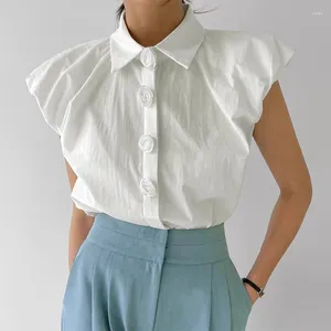 Women's Blouses Clothland Women Sweet Ruffle Blouse Flower Button Sleeveless White Black Blue Shirt Summer Fashion Tops Blusa WA239