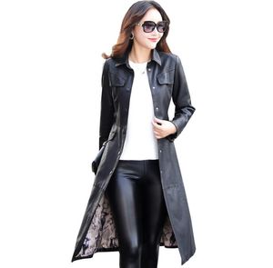 Women Long Leather Jacket 2017 New Fashion Ladies Elewashed Pu Leather Coats Trench Kvinnliga ytterkläder med bältet plus size8143180