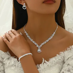 4/3 Pcs Marquise Rhinestone Cubic Zirconia CZ Bridesmaids Statement Choker Necklace Dangle Earrings Link Bangle Bracelet Ring Set for Bride Party Costume Jewelry