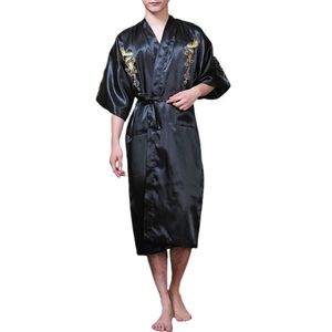 Mens Satin Robe Chinese Style Dragon Embroidery Kimono Silk Style Bathrobe Pyjamas Bathrobes 240515
