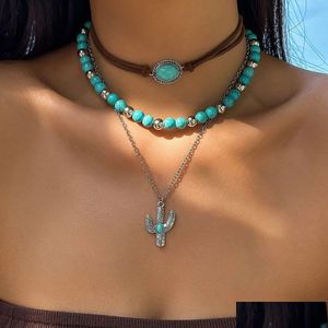 Pendant Necklaces Jewelry Imitation Turquoise Collarbone Chain Niche Beaded Set Ethnic Style Cactus Necklace Drop Delivery Pendants Dhjom