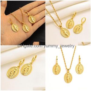 Earrings & Necklace Christian Pendant Chain Sets Jewelry Gold 14K Yellow Solid Fine Jesus Items Gifts Huge Drop Delivery Dhq7P