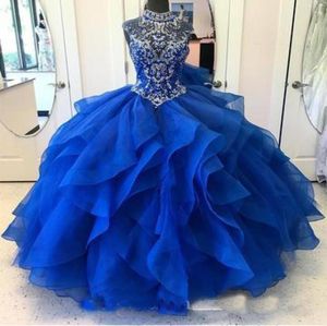 Crystal Pärled Bodice Corset Organza Ruffles Quinceanera Dress Ball Gowns Princess Prom Dresses High Neck Sweet 16 Party Gowns5513087