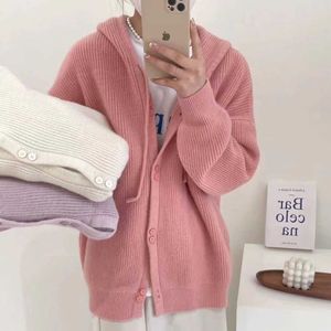 Korean version lazy style hooded knitted cardigan for womens 2023 spring and autumn new loose fitting sweet and unique short sweater jacket