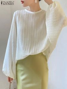 ZANZEA Office Vintage Long Bat Sleeve Blouses 2023 Fashion Women Pleats Chic Shirts Autumn Solid Elegant Top Round Neck Tunic 240521