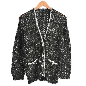 Channelly Luxury Designer New Heavy Industry Light Luxury Hook Flower Sequin Water Diamond Celebrity Style Knitted Cardigan Women's B5c