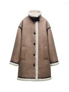Mulheres de inverno de couro feminino solto grosso quente e longa casaco de pele de pele longa vintage fêmea emendada com casaco de peito único fora