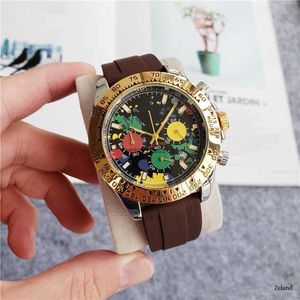 Mens casual watch with rubber strap and quartz 6-pin second running flower face sports