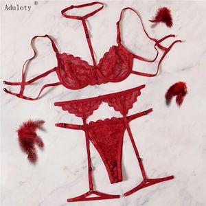 Lingerie de Garter Floral Red Aduloty Red Set com gargantilha Mulheres íntimas Intimadas Brawire Bra e Thongs Ladies Underwear Conjunto 240529