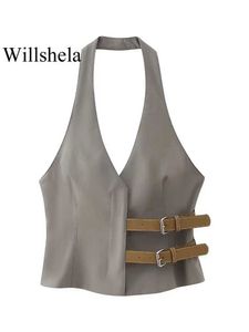 Tank da donna Camis Willshela Womens Fashion With Grey Beltless Top Stende Vintage Vintage Vintage V-Neck Sleeveless Womens Top Y240523