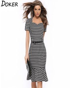 Kvinnor elegant bantning klänning sommar houndstooth arbetskontor klänning damer sexig kvällsfest sjöjungfru tunika bodycon klänning vestidos6465350