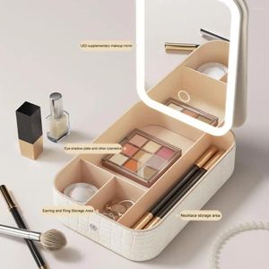 Lagringslådor Multifunktionella smink Vanity Organiser smycken Box Raddbar LED-kosmetik med justerbar spegel multi