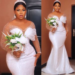 2024 Arabiska ASO EBI Plus Size White Mermaid Wedding Dress Beaded Crystals Sequined Lyxiga brudklänningar klänningar ZJ204