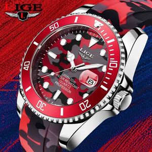 Armbandsur 2023 Nya herrligar Lige Top Luxury Camo Quartz Wrist Sport Red Sile Mens Reloj Hombre Q240529
