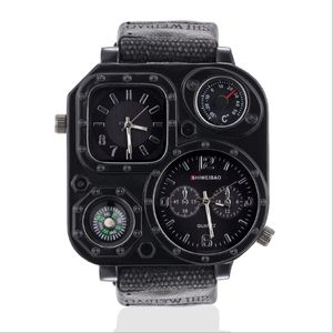 GMT Dual Time Military Mens Watch Outdoor Quartz Watches Canvas Band Compass 50mm Large Square Dial Masculine Wristwatches 262Q