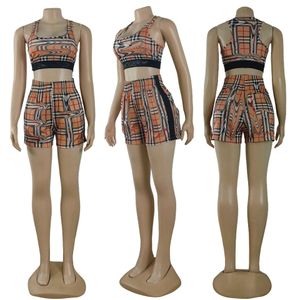 Plaid Two Piece Sports Awear ativo mulheres sexy tampa e shorts definem roupas frete grátis