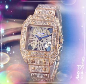 Populära militära ihåliga skelett Dial Men Watches Super Schweiz årliga klocka Rostfritt stål Band Quartz Populära fyrkantiga Face Diamonds Ring Wristwatch -gåvor