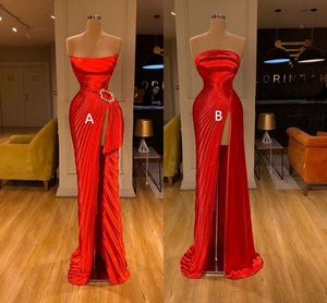 Sexy Arabic Red Mermaid Prom Dresses High Neck Long Sleeves Evening Gown High Side Split Formal Party Bridesmaid Dress 0530