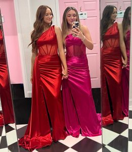 Long One-Shoulder Formal Party Dress Sheer Corset Pageant Prom Evening Event Special Occasion Hoco Gala Cocktail Red Carpet Runway Gown Ruch High Side Slit with Cape