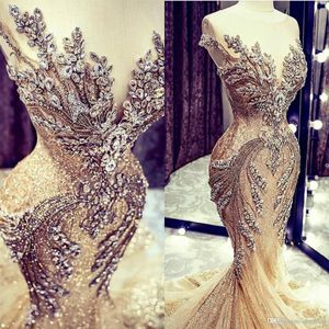 Luxury Gold Evening Dresses Lace Crystal Beads Sequin Sweep Train Formal Bridal Pageant Prom Gowns Custom Made