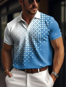 Mens Mesh Fabric Polo Shirt Button Up Lapel Golf Plaid Graphic Prints Geometry Street Casual Short Sleeve 240523