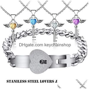 Armband halsband rostfritt stål älskare engagemang joyas hjärtlås kärlek nyckel glänsande rhinestone hänge par smycken set bröllop dhf63