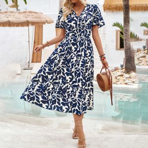 Basic Casual Dresses Casual Dresses For Women Bohemian Short Slve V Neck A-Line Ruched Maxi Sundresses For Female Plus Size Vacation Dresses Y240504