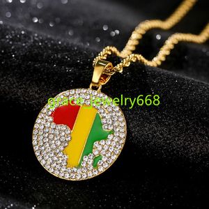 18K Gold Rhinestone Hip Hop Africa Guinea Map Pendant Necklace for Men and Women Crystal Guinea Flag Necklace