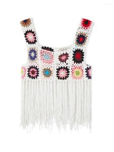 Kvinnors sommarvirka tank toppar söta ärmlös boho blommig väst skörd top tassel cami ihåliga ut täckningar