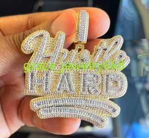 Bling 5A CZ Full Cubic Zirconia asfalterad hustle Hard Letter Pendant Halsband Bling Iced Out Rope Chain Hip Hop Men smycken