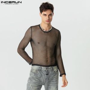 Party Nightclub Style Tops Incerun New Men Glitter Mesh See-Through Camiseta Sexig Male All-Match långärmad tunn t-shirts S-5XL