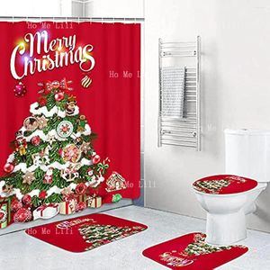 Shower Curtains 4 Curtain Set Red Happy Christmas Tree Ball With Non Slip Carpet Toilet Seat Cover And Bath Rug Bathroom Decoration