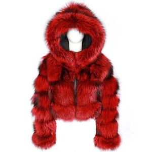 Furt czerwony szop sztuki szop faux furtked kurtka: puszysty z kapturem krótki płaszcz z futra z suwakiem, 2024 Zimowa kolekcja