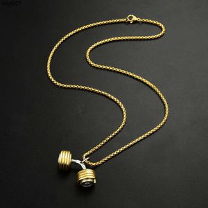 Designer Mens Dumbbell Pendant Necklace Yellow Gold Sport Gym Fitness Barbell Masculine Jewelry Chain