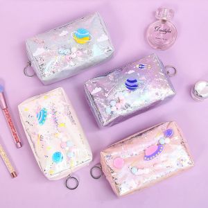 レーザーレザーペンボックスビッグメイクアップバッグKawaii Girls Gifter Pu School Startery Travel Suppliesのための大きなグリッタースターペンシルケース