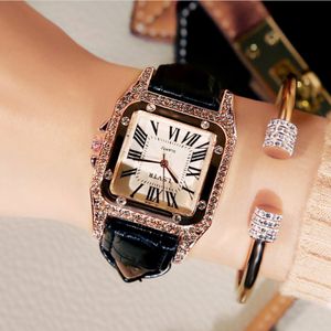 Vacker vintage kvinnlig klocka Rhinestone Fashion Student Quartz Watches Real Leather Belt Square Diamond Inset Womens armbandsur Del 2624