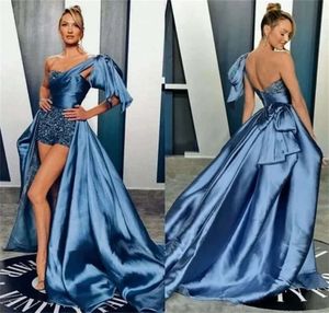 Marinblå en axel hög låg prom klänning satin och paljett svep tåg afton klänningar formell party mantel de soiree vestidos 0530