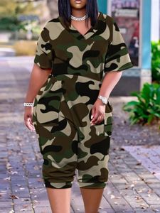 LW Plus Size Camo Print Pocket Design Jumpsuit Autumn Women V Neck Streetwear Rompers Female Sleeve Bodycon Tube Short Trousers 240530