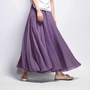 Designer's New Summer Art Loose Size Cotton and Hemp Half Skirt Elastic Waist A-line Long Skirt Solid Color Pleated Large hem SkirtPVXJ