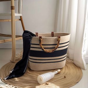 Instagramストライプ大容量コットンスレッド織りバッグ新しい模倣竹の共同めちゃくちゃフランス袋ハンドヘルドビーチバッグレディースショルダーバッグ