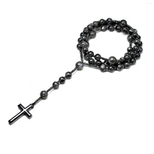 Pendant Necklaces Natural Stone Black Labradorite Flashstone Catholic Christ Rosary Hematite Cross Necklace Women Jewelry