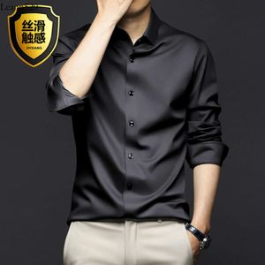 Spring Autumn Long Sleeved Men's Wrinkle Resistant and Non Stryking Professional Formal Dire, Trendy Business High-End Ice Silk Shirts, Black Inch Shirts